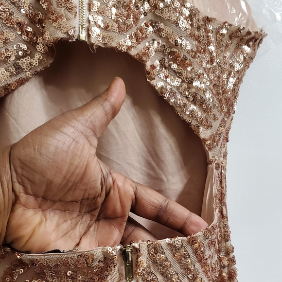 Golden Champagne Sequined Glitter Cutout Evening Mini Dress 👗 - Picture 7 of 15